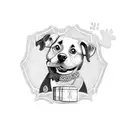 A blackwork tattoo of a dog sitting on a pile of money, holding a spanner in its mouth tattoo design idea