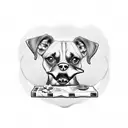 A blackwork tattoo of a dog sitting on a pile of money, holding a spanner in its mouth tattoo design idea