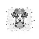 A blackwork tattoo of a dog sitting on a pile of money, holding a spanner in its mouth tattoo design idea
