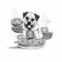 A blackwork tattoo of a dog sitting on a pile of money, holding a spanner in its mouth tattoo design idea