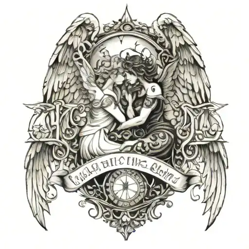 dark and light, angels and nyc, with the quote "ALL THE GODS ALL THE HEAVENS ALL THE HELLS ARE WITHIN YOU" tattoo design idea