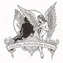 dark and light, angels and nyc, with the quote "ALL THE GODS ALL THE HEAVENS ALL THE HELLS ARE WITHIN YOU" tattoo design idea