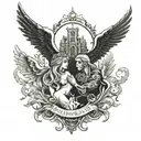 dark and light, angels and nyc, with the quote "ALL THE GODS ALL THE HEAVENS ALL THE HELLS ARE WITHIN YOU" tattoo design idea