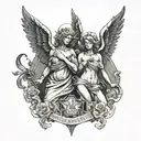 dark and light, angels and nyc, with the quote "ALL THE GODS ALL THE HEAVENS ALL THE HELLS ARE WITHIN YOU" tattoo design idea