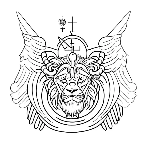 angel with four heads: human, lion, bull, eagle. with four wings: two on the back and two covering the body. cloven feet tattoo design idea