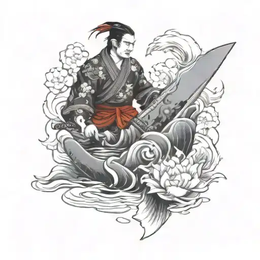 samurai with sword and koi fish in lake tattoo design idea