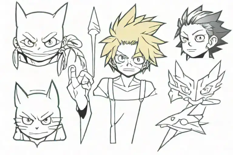 Make me a simple tattoo that includes the following anime’s: My Hero Academia, One Piece, Demon Slayer, Fairytail, and A tattoo design idea