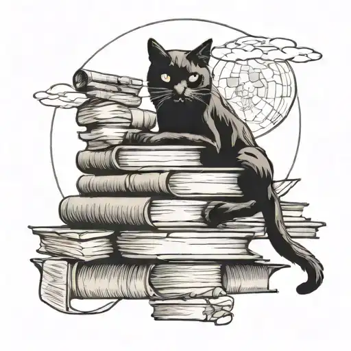 A mysterious black cat sitting on a stack of books under a full moon tattoo design idea