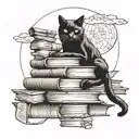 A mysterious black cat sitting on a stack of books under a full moon tattoo design idea