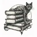A mysterious black cat sitting on a stack of books under a full moon tattoo design idea