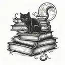 A mysterious black cat sitting on a stack of books under a full moon tattoo design idea