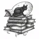 A mysterious black cat sitting on a stack of books under a full moon tattoo design idea