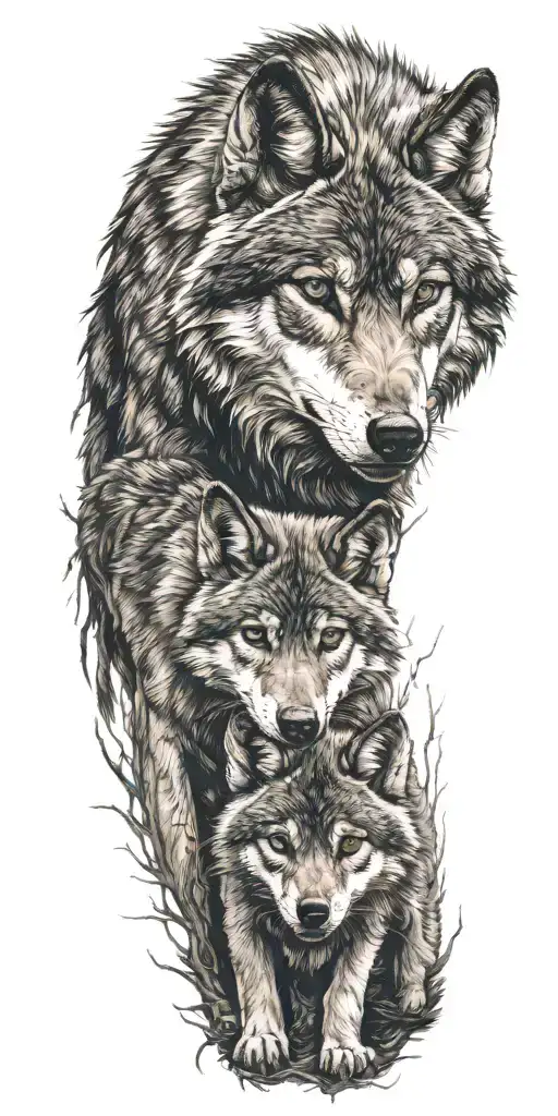 A wolf and his cub together in a forest tattoo design idea