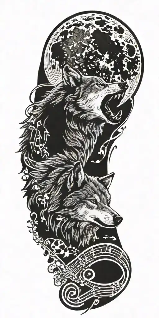 A wolf howling at the moon with music notes swirling around it tattoo design idea