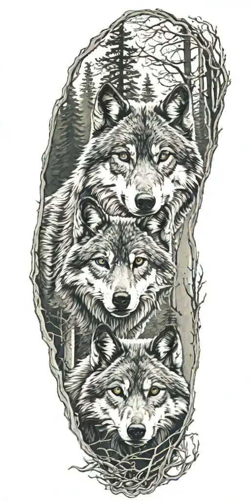 Eyes of a wolf in a forest scene tattoo design idea