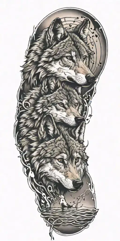 A wolf and his son with intertwined musical notes floating tattoo design idea