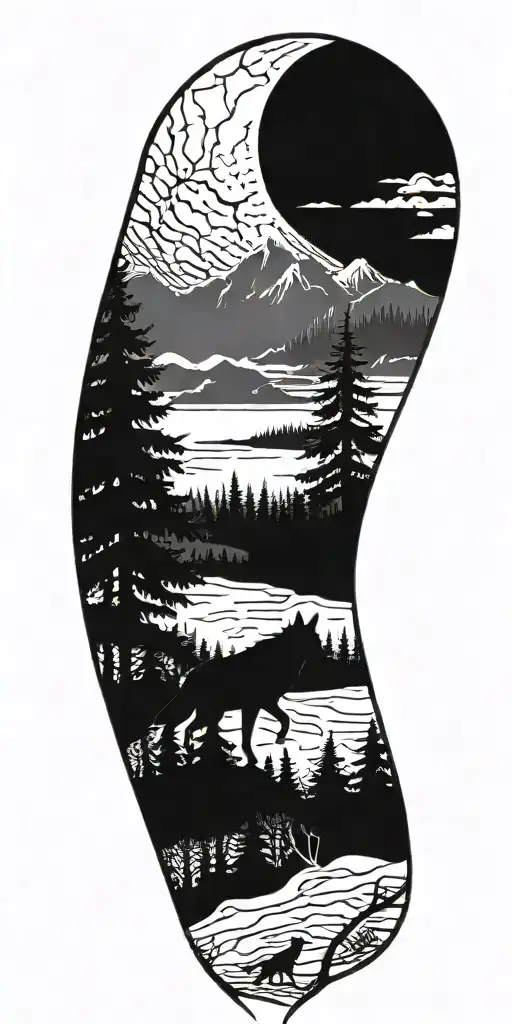 A moonlit forest scene with a wolf silhouette howling at the moon tattoo design idea