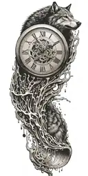 A clock melting into a puddle of music notes with a wolf silhouette howling in the background tattoo design idea
