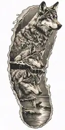 Wolf melting music notes in a puddle and his puppy below tattoo design idea