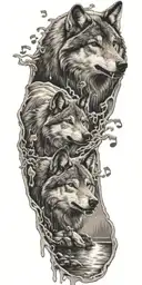 Wolf melting music notes in a puddle and his puppy below tattoo design idea