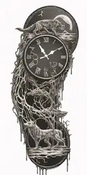 A clock melting in a pool of musical notes with a silhouette of a wolf and its puppy below tattoo design idea
