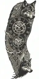 A clock melting in a pool of musical notes with a silhouette of a wolf and its puppy below tattoo design idea
