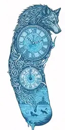A clock melting into a puddle of music notes with a wolf silhouette howling in the background tattoo design idea