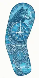 A clock melting into a puddle of music notes with a wolf silhouette howling in the background tattoo design idea