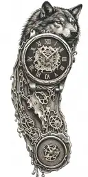 A melting watch and below musical notes with a silhouette of a wolf and his puppy below tattoo design idea