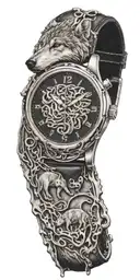A melting watch and below musical notes with a silhouette of a wolf and his puppy below tattoo design idea