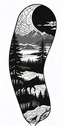 A moonlit forest scene with a wolf silhouette howling at the moon tattoo design idea