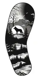 A moonlit forest scene with a wolf silhouette howling at the moon tattoo design idea