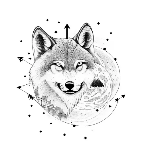 Cannis major constellation inside a wolf howling tattoo design idea
