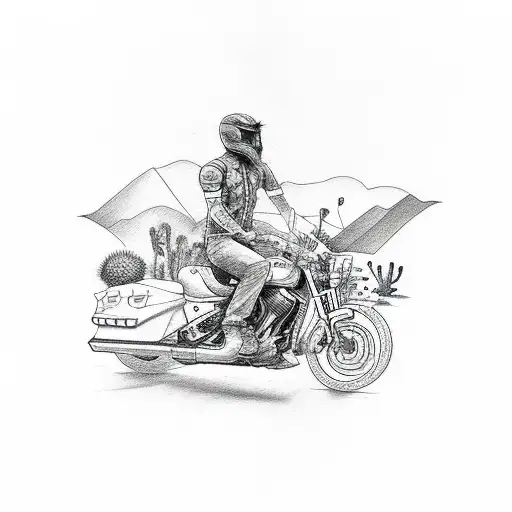 A sketch-style tattoo of a musician sitting on a motorcycle, surrounded by desert wildlife like coyotes and cacti tattoo design idea