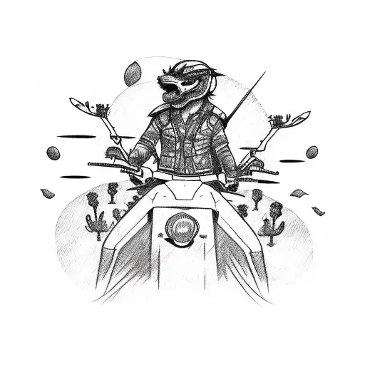 A sketch-style tattoo of a musician sitting on a motorcycle, surrounded by desert wildlife like coyotes and cacti tattoo design idea