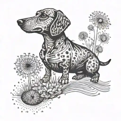A tattoo of a dachshund floating on a dandelion with a subtle Vienna passport stamp hidden within the design tattoo design idea