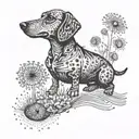 A tattoo of a dachshund floating on a dandelion with a subtle Vienna passport stamp hidden within the design tattoo design idea