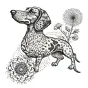 A tattoo of a dachshund floating on a dandelion with a subtle Vienna passport stamp hidden within the design tattoo design idea