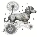 A tattoo of a dachshund floating on a dandelion with a subtle Vienna passport stamp hidden within the design tattoo design idea