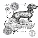 A tattoo of a dachshund floating on a dandelion with a subtle Vienna passport stamp hidden within the design tattoo design idea