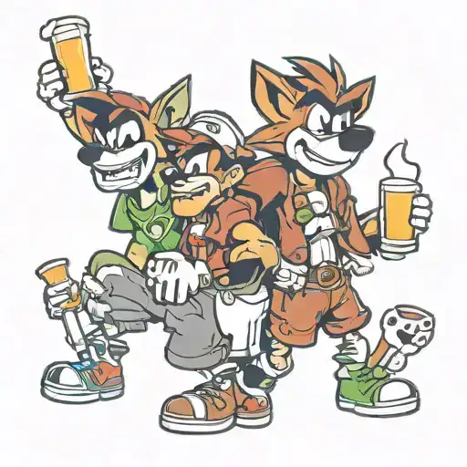 crash bandicoot and mario drinking beers tattoo design idea