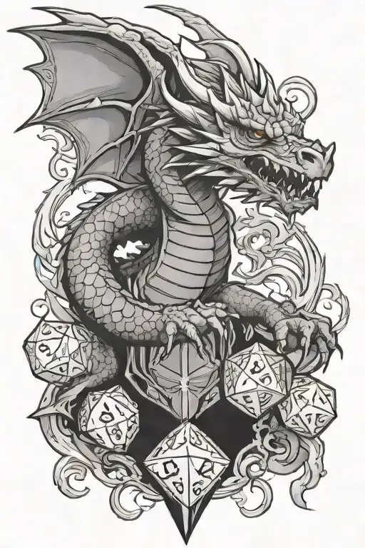 Dragon reaching upwards for a d20 dice tattoo design idea