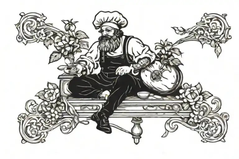 the image of the tarot card “the fool” but with a chef's clothing; on one side a rose, on the other a jasmine tattoo design idea