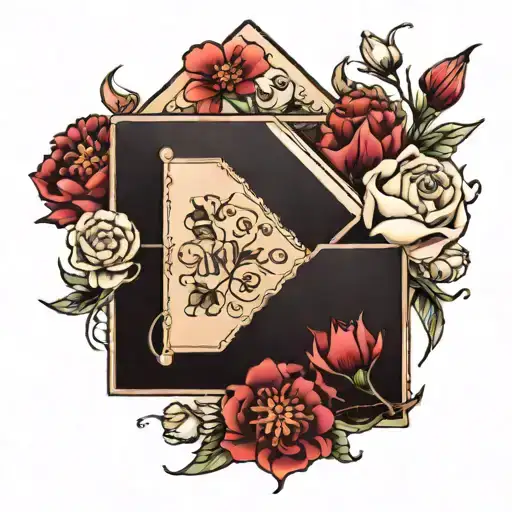 envelope with garnet and carnations tattoo design idea