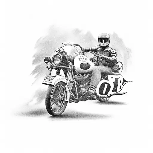 A vintage car and motorcycle racing side by side on a winding road, with a banner that says 'Born to Ride' tattoo design idea