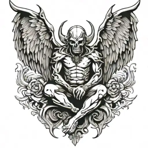 back full catholic demon that knee on an angel   tattoo design idea