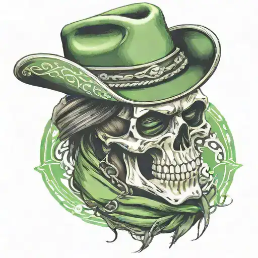 Skull face with cowboy hat and green bandana covering face up to eyes with harley davidson emblem faded behind it tattoo design idea