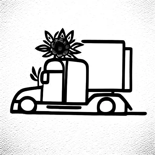 semi truck with September flowers tattoo design idea