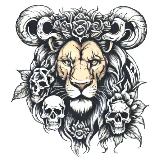 lion and skull face tattoo design idea