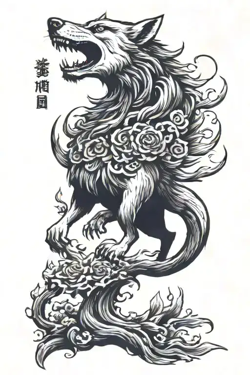 sun wu kong, a wolf howling, a canary bird flying tattoo design idea
